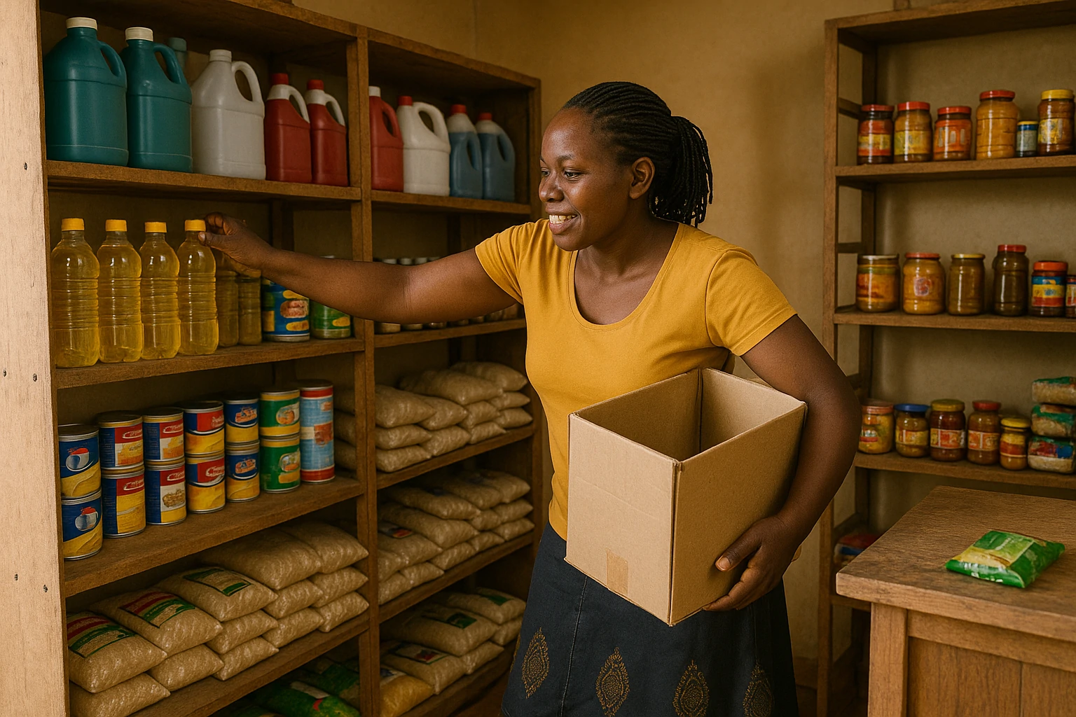 Shop owner restocking shelves using business loan