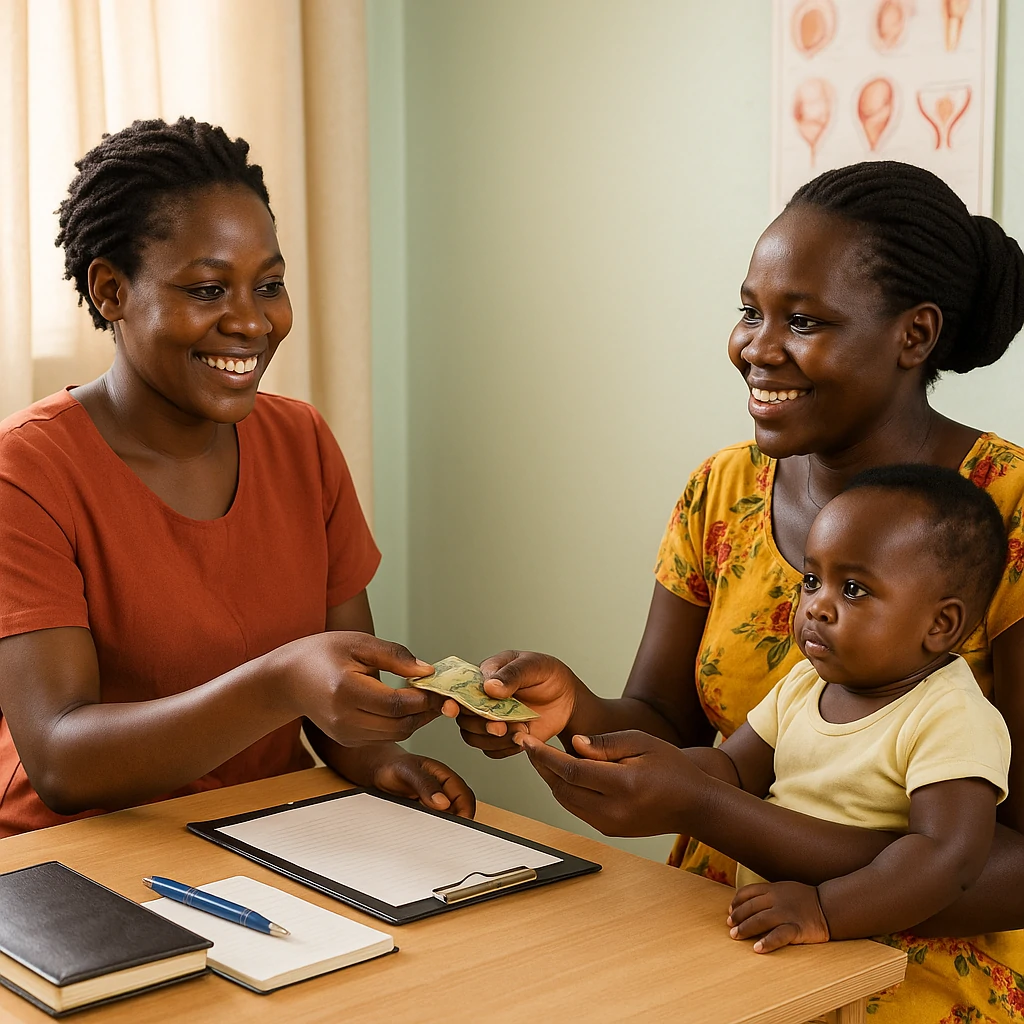 Mother at clinic desk receiving timely loan assistance